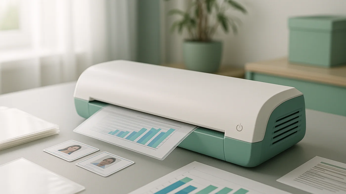Modern laminator machine with pouches, office documents, ID cards, and finished sheets